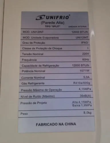 Techfrio Inverter de 12.000 BTUs (Modelo: TECHINF12INT).