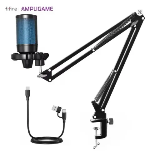 Kit Microfone Gamer Fifine A2t Rgb Com Braço Para Pc Preto