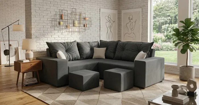 Sofá L ou de canto com centro, puff e almofadas decorativas grátis
