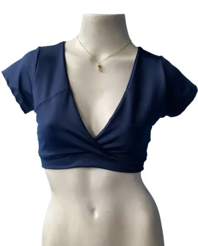 Blusa Top Cropped Transpassado Azul Marinho (Decote V), Tamanho M (Nova)