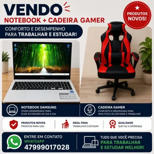 NOTEBOOK + CADEIRA GAMER NOVOS - Notebook Samsung- Book E20- Sem uso mostruário de loja