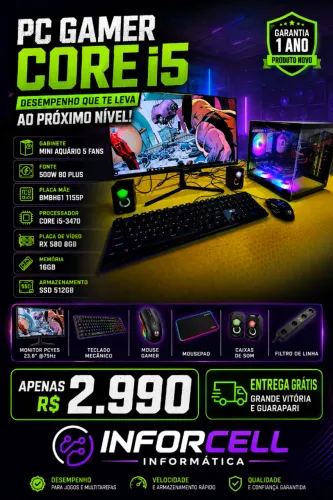 Pc Gamer Core i5-3470 Placa Vídeo RX 580 16gb Ram Ssd 512 Tela 24