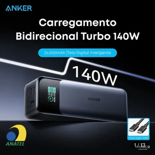 Carregador portátil Anker 24 mil mAh turbo 140w