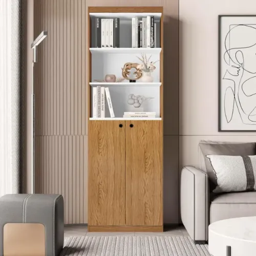 Estante Livreiro Com 5 Prateleiras e 2 Portas Gold Luxo (Nature/Branco)