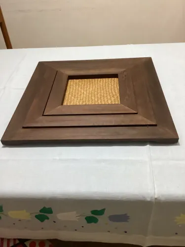 Conjunto de 03 bandejas de madeira maciça com ratan 