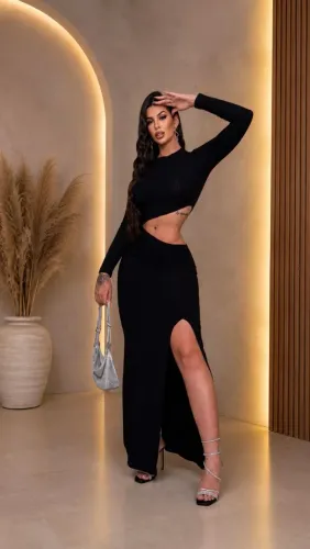 Vestido longo manga comprida canelado