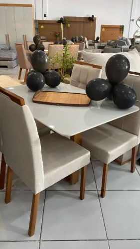 Mesa Florida 120x80 (0ff White/Canela) C/ 4 Cadeiras Estofada Atenas - Linho bege Canela