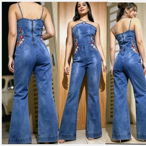 macacão jeans com elastano bordado m