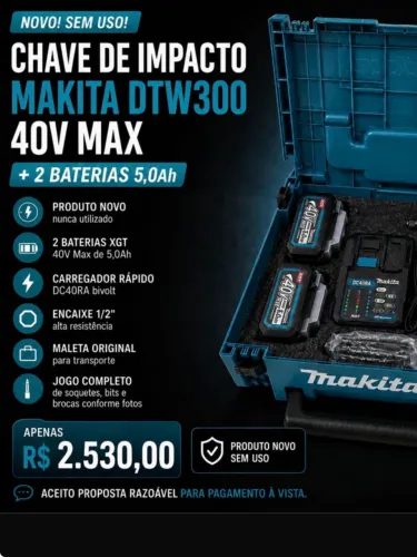 CHAVE DE IMPACTO MAKITA DTW300 40V MAX + 2 BATERIAS 5,0Ah