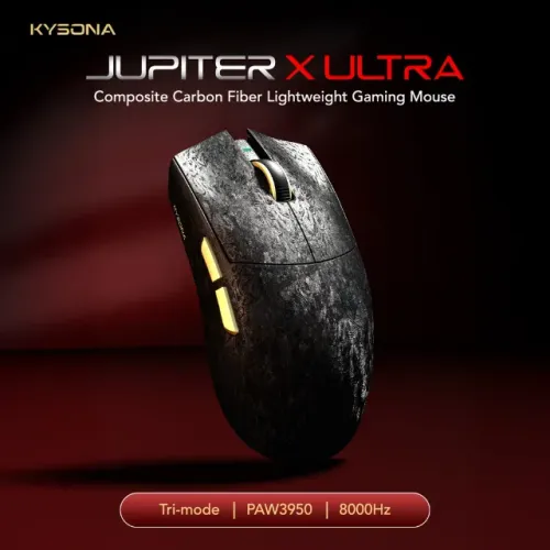 Mouse Gamer Sem fio KYSONA Jupiter X Ultra 30000DPI, 8K, PAW3950, 61G, Preto, 12x 33,20