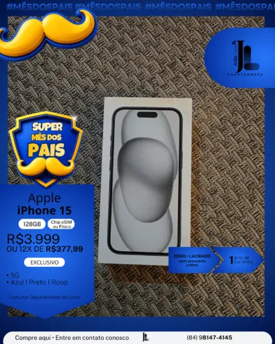 IPHONE 15, 128GB, CHIP ESIM OU FÍSICO, LACRADO, EXCLUSIVO!
