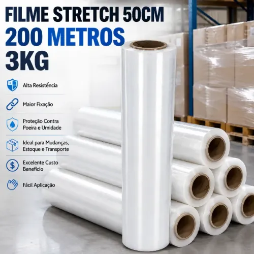 Bobina Stretch 50cm 200 Metros 3kg - Filme Alta Resistência para Palete Frete Mudança