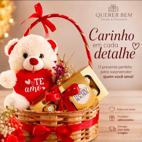 Cesta chocolates com pelúcia. 