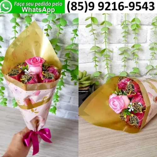 Presente Dia Internacional da Mulher Buquê de Rosa e Chocolates