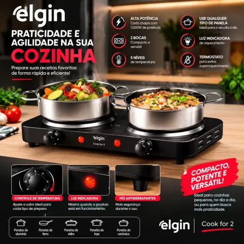 Fogão Elétrico 220V  2 Bocas Elgin Cook For 2 2000W - 5 Níveis de Temperatura
