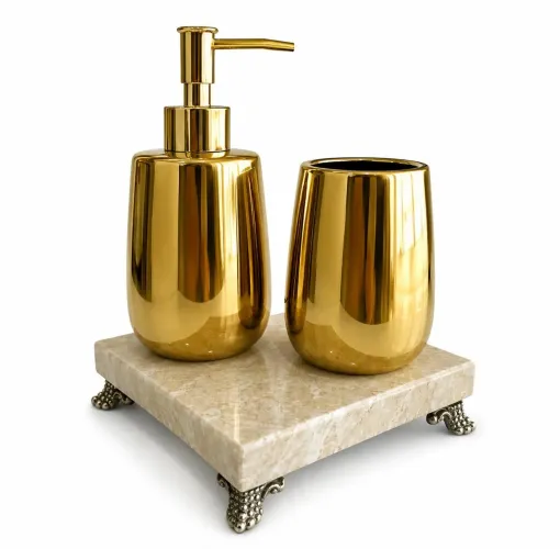 Kit Banheiro 2 Peças Gold + Bandeja Travertino com Pés Ouro Velho 15x15