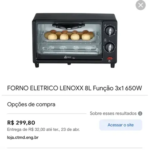 FORNO ELETRICO LENOXX 8L FUNÇÃO 3X1 650W