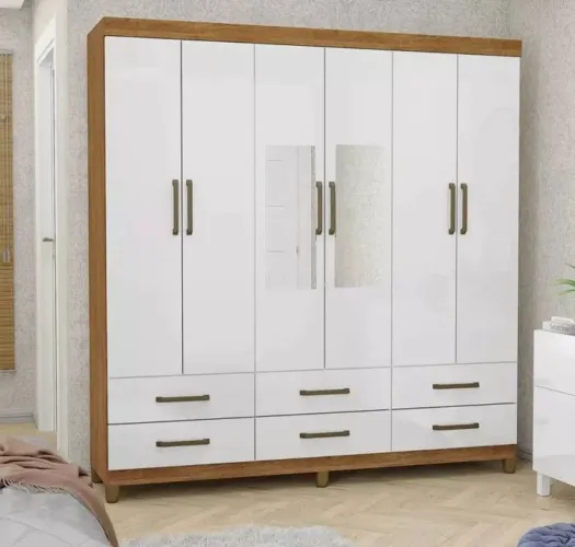 Guarda-Roupa 6 Portas Branco com Espelho