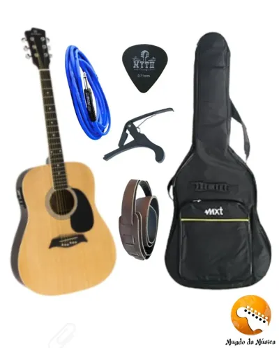 KIT-VIOLÃO FOLK MICHAEL + Capa Violão Luxo Mxt + Cabo P10xp10 + Capotraste + Correia 