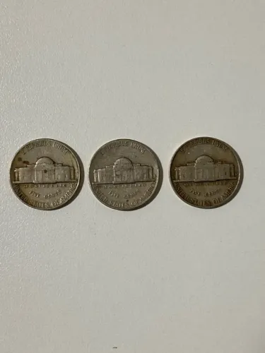 Kit 3 moedas de five cents EUA cinco centavos americanos 1946 1948 e 1958