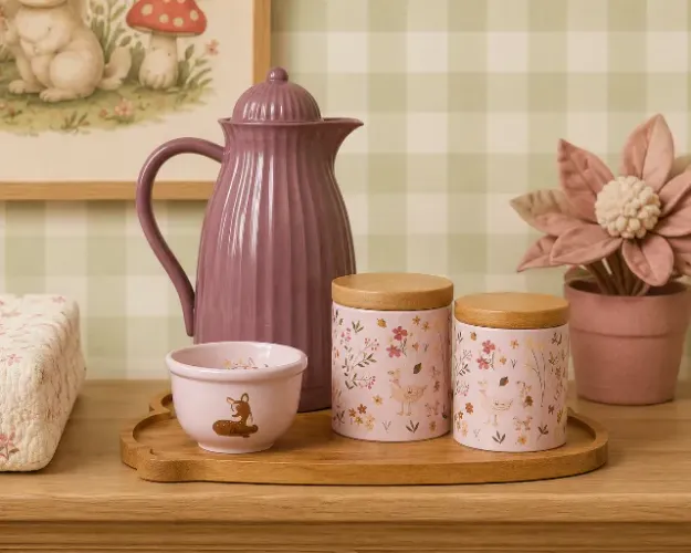 kit higiene bebê afeto rosa porcelana tampa de madeira | novo