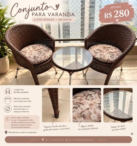 Conjunto de Mesa Redonda com 2 Cadeiras de Fibra para Varanda