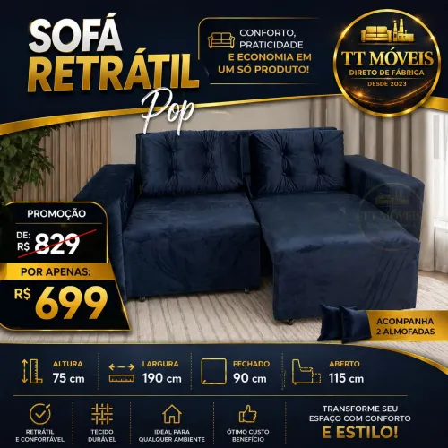SOFÁ RETRÁTIL COM ALMOFADAS 