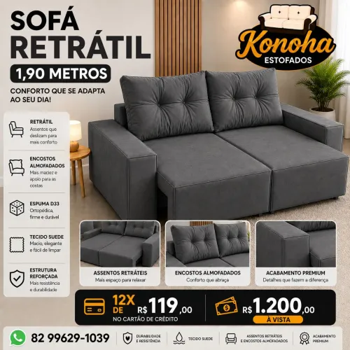 Sofá retrátil 1,90 metros almofadas soltas