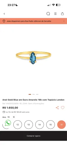 Anel Vivara Ouro Amarelo 18k com Topázio London - Aro 16 - NOVO
