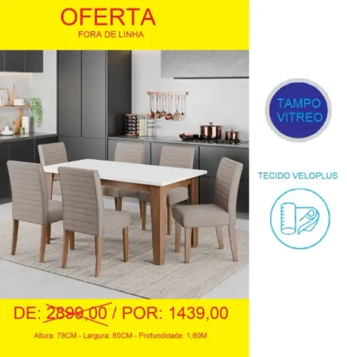 Mesa de jantar 6 cadeiras com reforço estrutural
