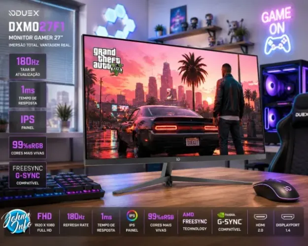 Monitor Gamer Duex 27, FHD, 1ms, 180Hz, IPS, 99% SRGB, Freesync/G-Sync, HDMI/DP