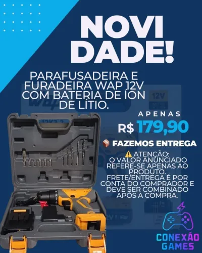 Parafusadeira e Furadeira WAP 12V com Bateria de Íon de Lítio.
