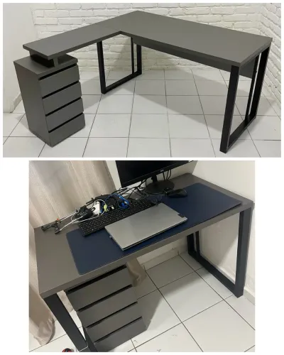 Mesa de escritório com gaveteiro em L ou menor