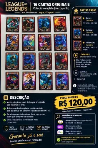 ? Título: 16 Cards de League of Legends - Coleção Completa | R$ 120