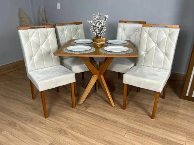 Mesa de Jantar Quadrada 90x90 com 4 Lugares Veludo Bege