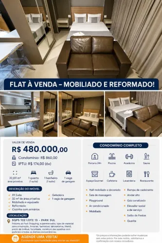 Flat Luxo com vista para piscina - Mobiliado no Park Sul - Pronto para Morar ou Investir