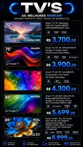 Smart TVs Gigantes Novas (70", 75", 85" e 86") - Samsung, LG, Philips e TCL
