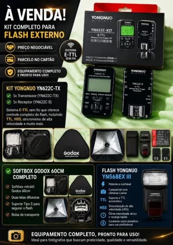 Kit Iluminação Profissional Flash + Softbox + Rádio TTL (Canon)