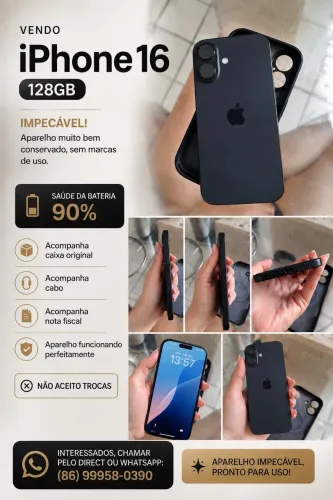 iPhone 16 128GB - IMPECÁVEL | 90% Bateria | Caixa + Nota Fiscal