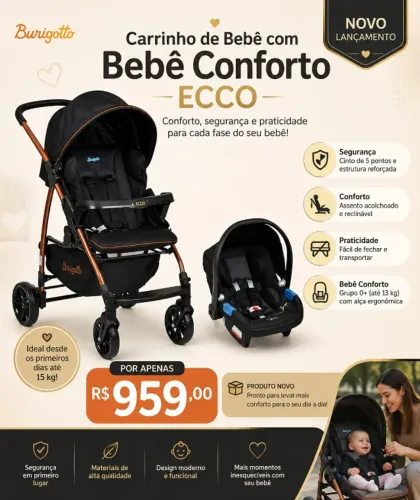 Carrinho de bebe Travel System Ecco Preto Cobre - Burigotto