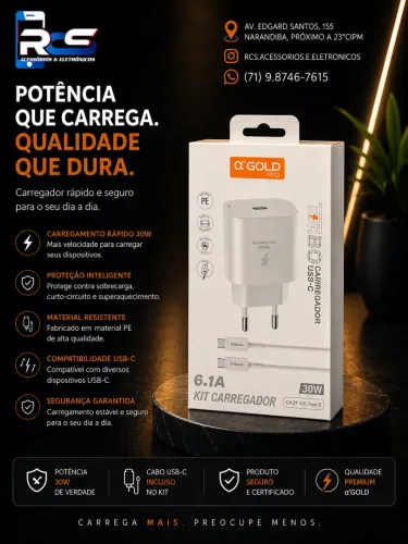 Carregador Usb C Tipo C 30W TURBO A'GOLD