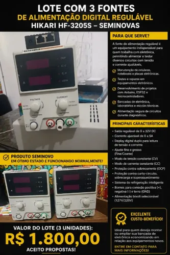 Lote com 3 Fontes de Alimentação Digital Regulável Hikari HF-3205S- Seminovas
