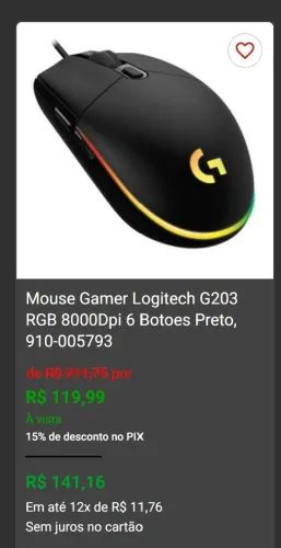 Mouse Gamer Logitech G203 RGB 8000Dpi 6 Botoes Preto