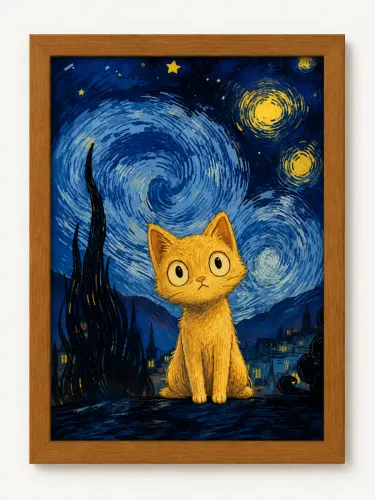 Quadro Decorativo Gatinho Dourado Céu Estrelado A4 21x30 ? Pronto para Decorar