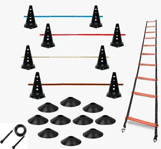 Kit Funcional com 6 Cones Furados + 3 Barras de 90cm + 10 Pratos Chines + Corda z1526