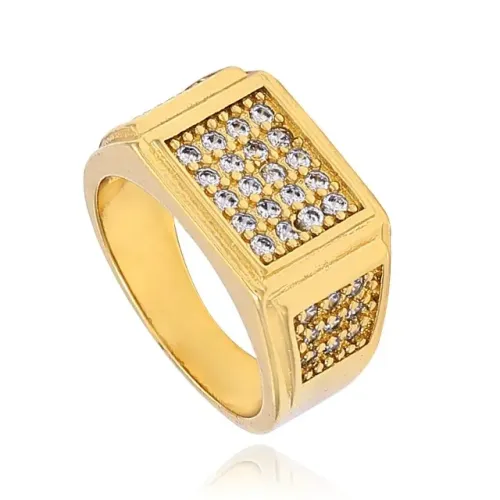 Anel Largo Detalhe Retangular Cravejado com Micro Zircônias Folheado Ouro 18k