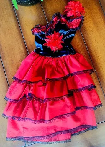 Vestido espanhola carnaval, Festa Junina e Halloween fantasia preto e vermelho T8 a T10