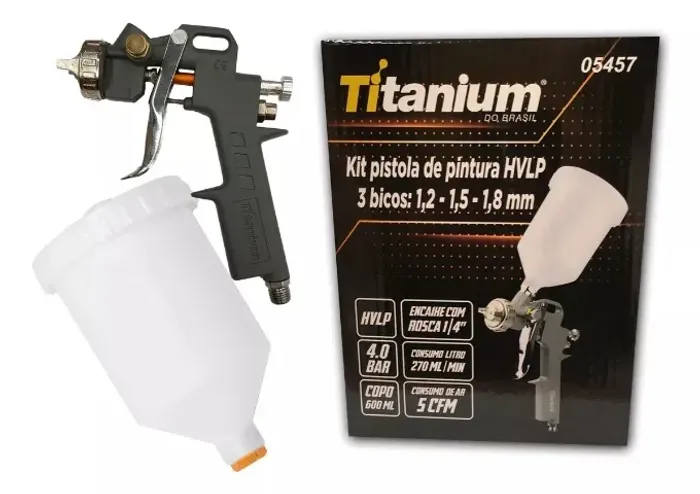 Kit Pistola De Pintura Pneumática Titanium Hvlp Profissional + 3 Bicos