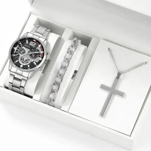 Kit Relógio Deyros + Cordão com Pingente Cruz + Bracelete Cor Prata