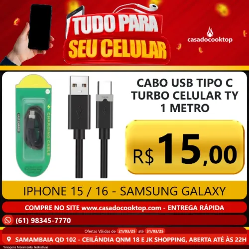 Cabo USB Tipo C Turbo Celular 1 Metro iPhone 15/16 Samsung Galaxy